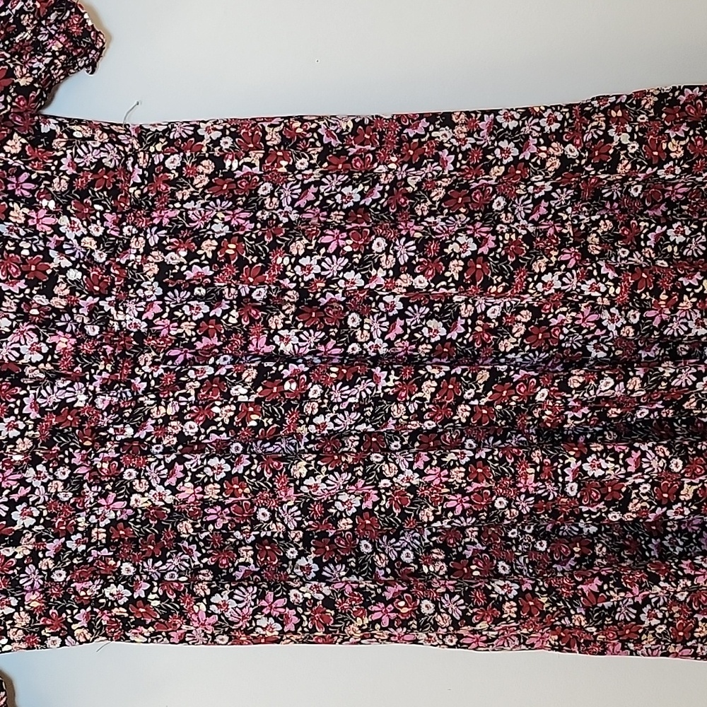 Aqua Red Gold Pink Floral Puff Short Sleeve Boho Midi Dress SZ M - Picture 14 of 16